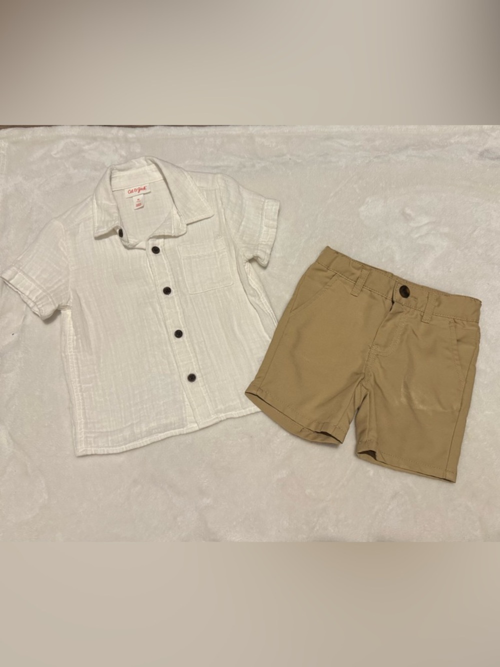 Cat & Jack White Short-Sleeve Button Front Shirt with Tan Shorts